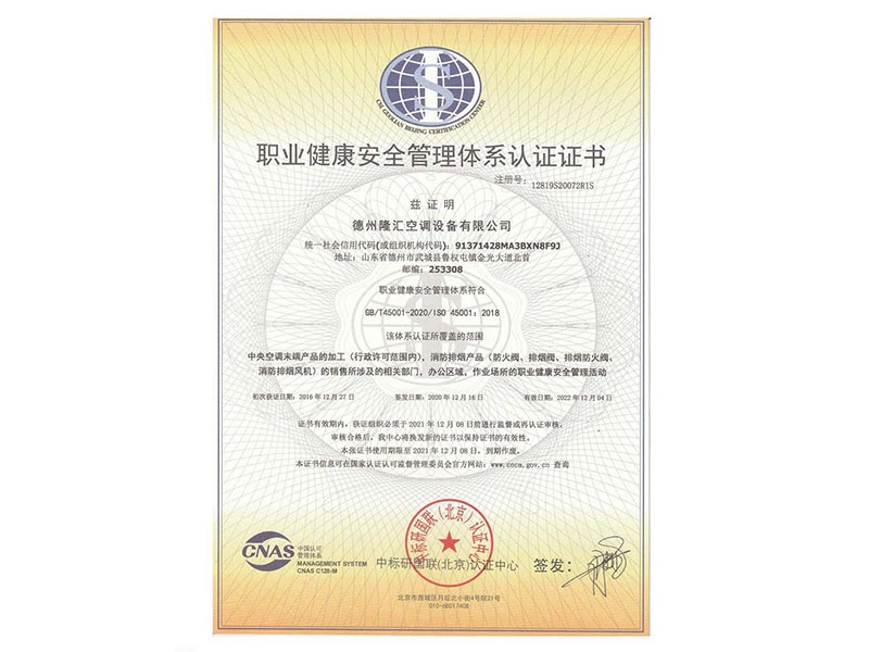 職業(yè)健康安全管理體系認(rèn)證證書(shū)
